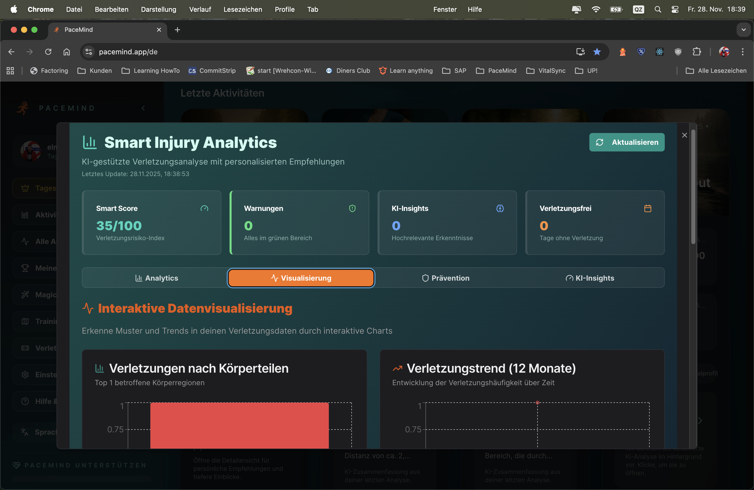 Smart Injury Prevention Dashboard mit Warnungen und Mustern